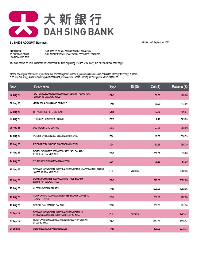 Modèle Word et PDF de relevé de compte courant de la société Dah Sing Bank